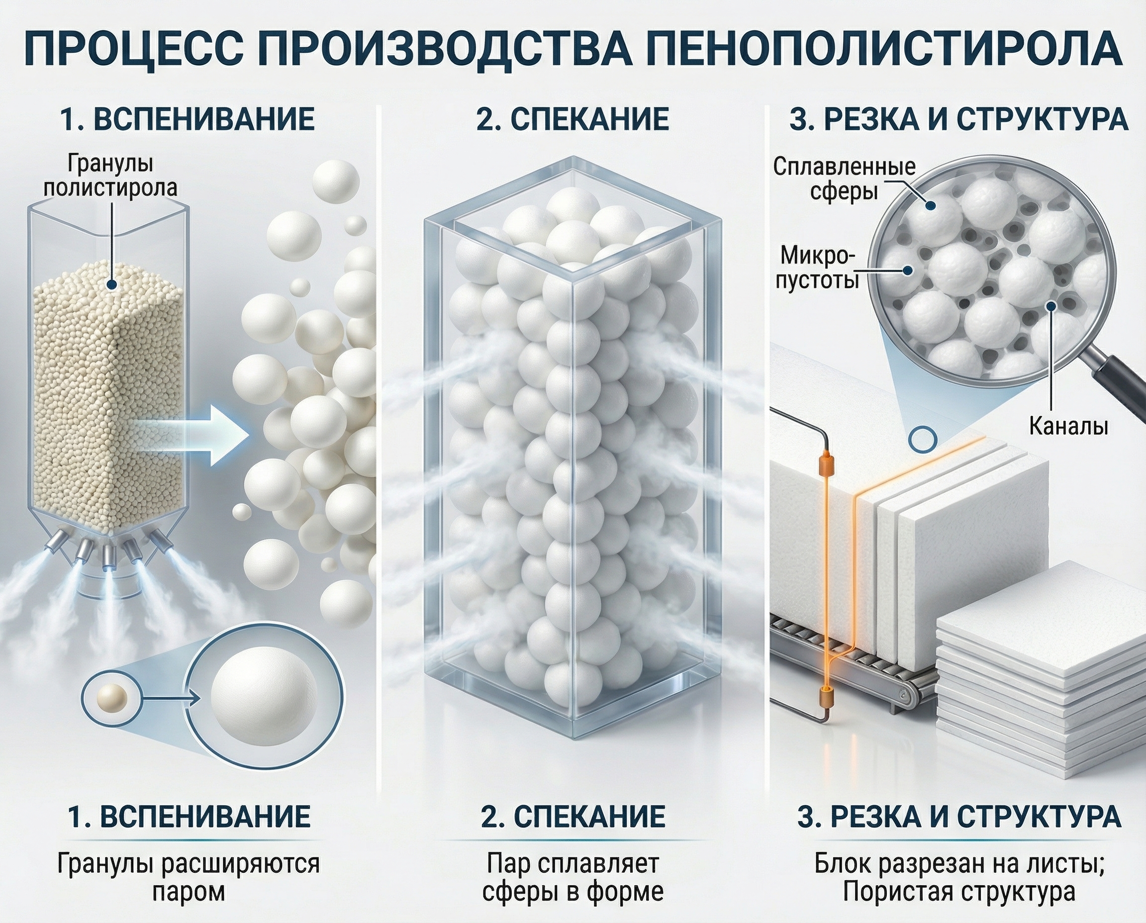Схема производства пенопласта: вспенивание гранул паром и спекание в блок